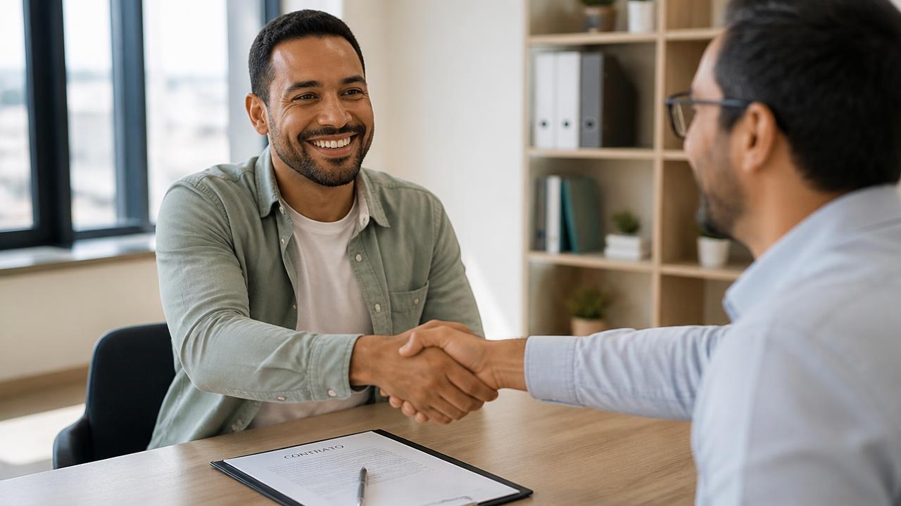 Cliente apertando a mão do consultor após assinar o contrato