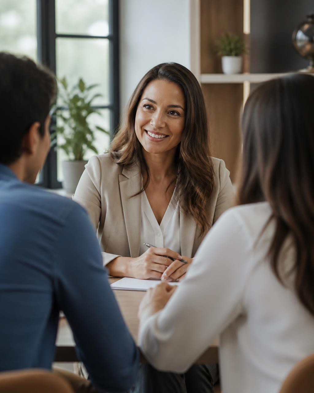 Consultora da DMG ouvindo um casal de clientes durante um atendimento