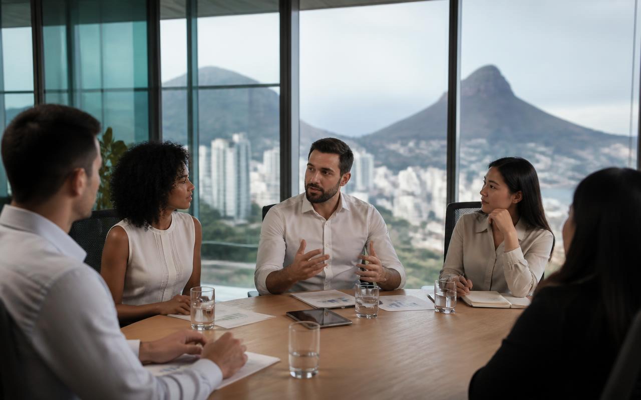 Equipe reunida em um escritório durante uma reunião de trabalho