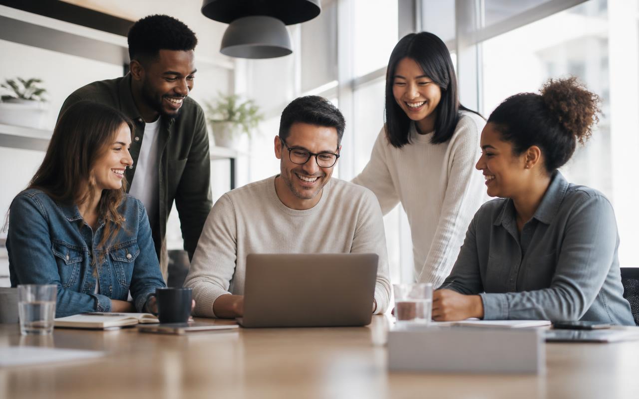 Equipe de uma pequena empresa reunida em escritório